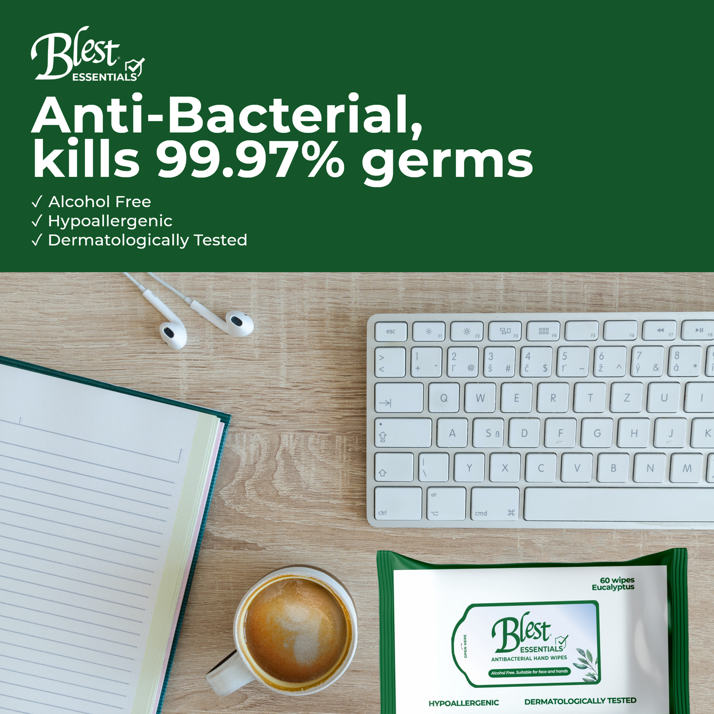 Blest Anti-Bacterial Wipes 60 Sheets x 3 Packs (180 Sheets) Eucalyptus Scent