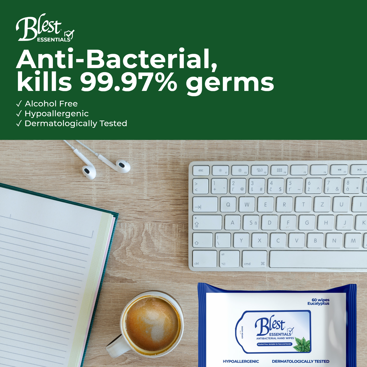 Blest Anti-Bacterial Wipes 60 Sheets x 3 Packs (180 Sheets) Mentholated Scent