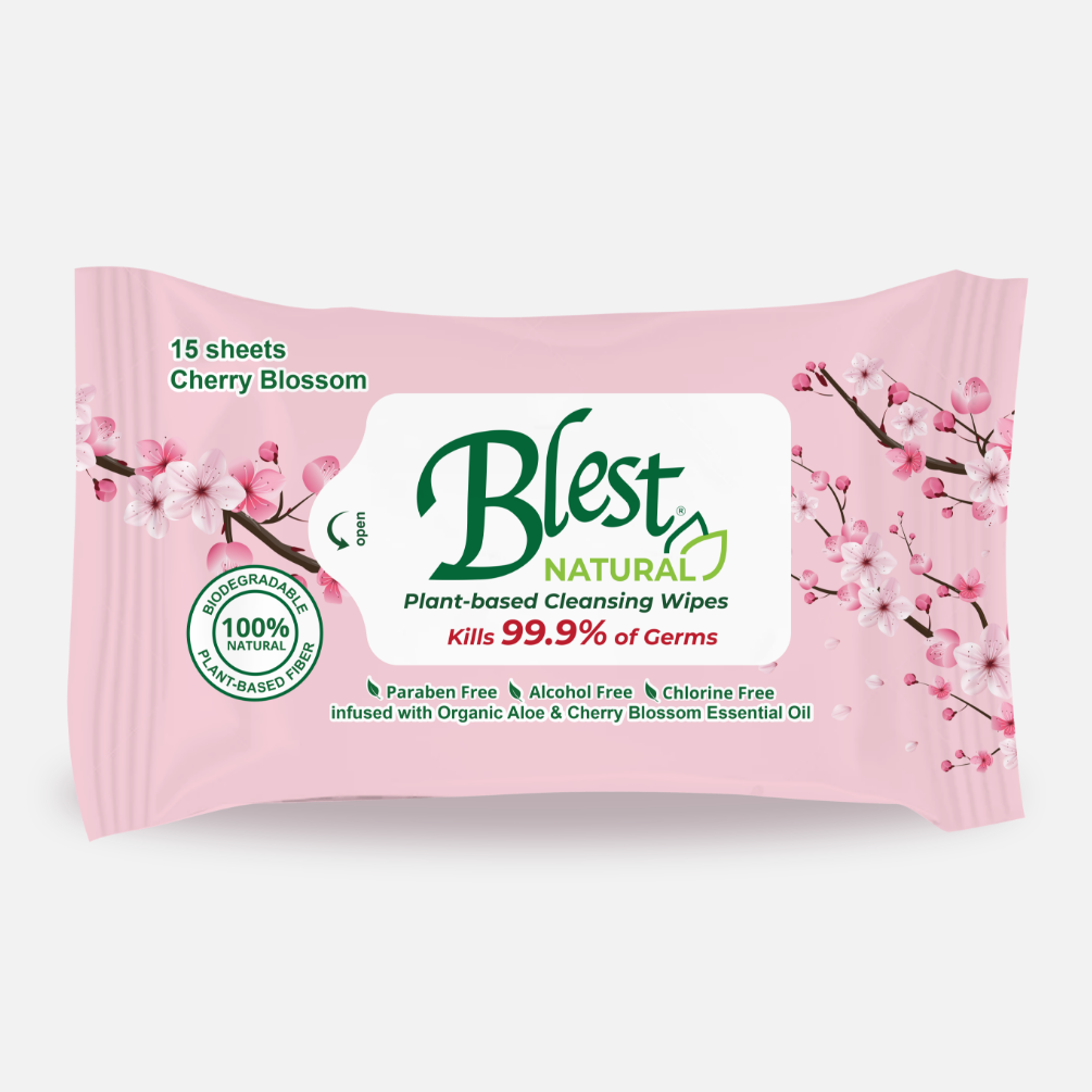 Blest Natural Plant-based Cleansing Wipes Cherry Blossom Scent 15 Sheets