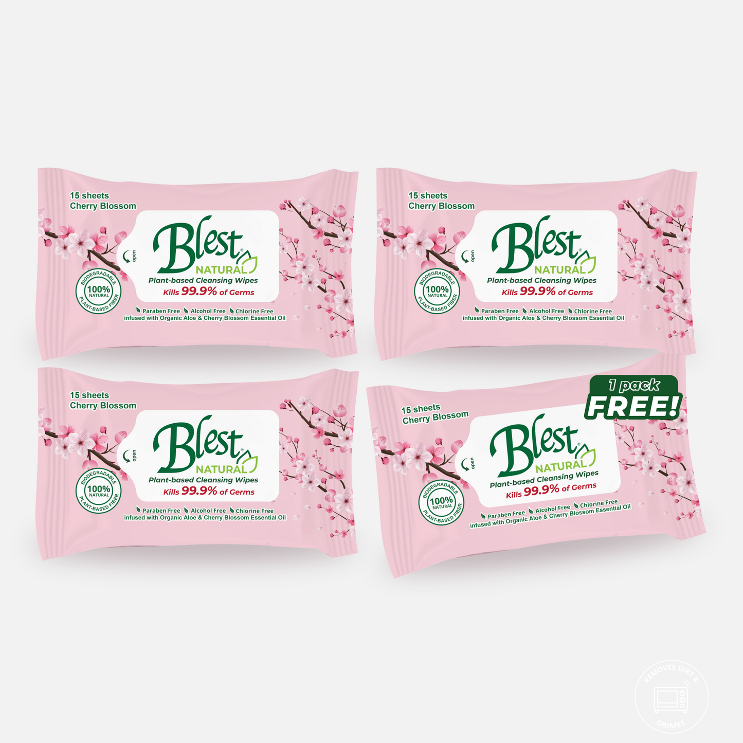 Blest Natural Plant-based Cleansing Wipes Cherry Blossom Scent 15 Sheets 4 Packs