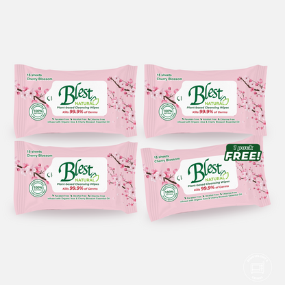 Blest Natural Plant-based Cleansing Wipes Cherry Blossom Scent 15 Sheets 4 Packs