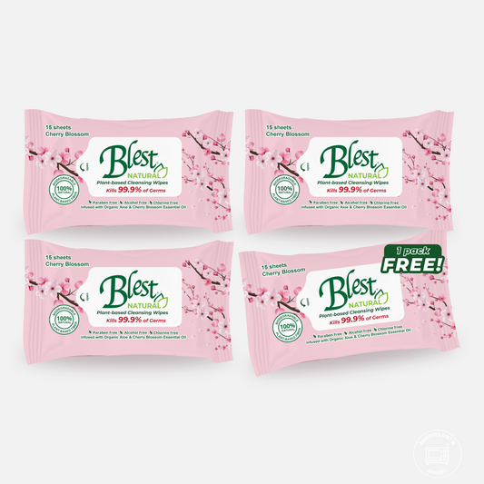 Blest Natural Plant-based Cleansing Wipes Cherry Blossom Scent 15 Sheets 4 Packs