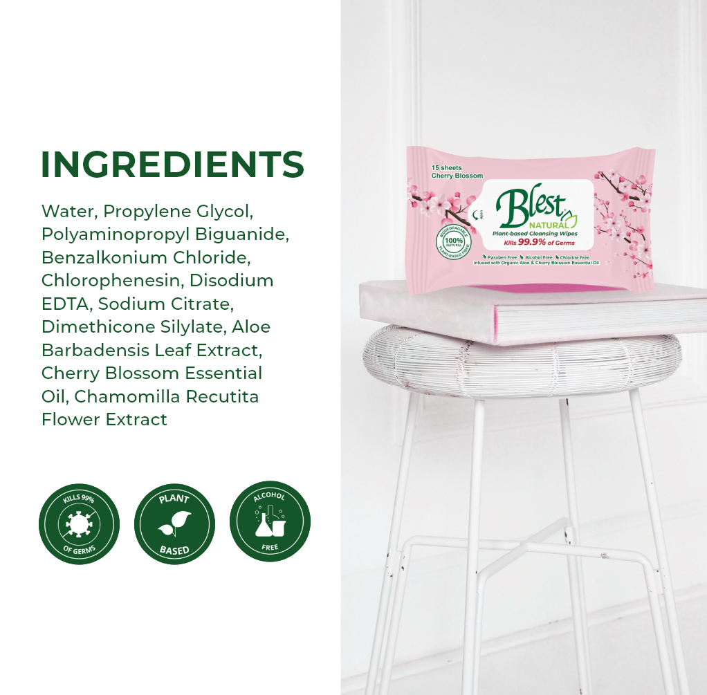 Blest Natural Plant-based Cleansing Wipes Cherry Blossom Scent 15 Sheets 4 Packs
