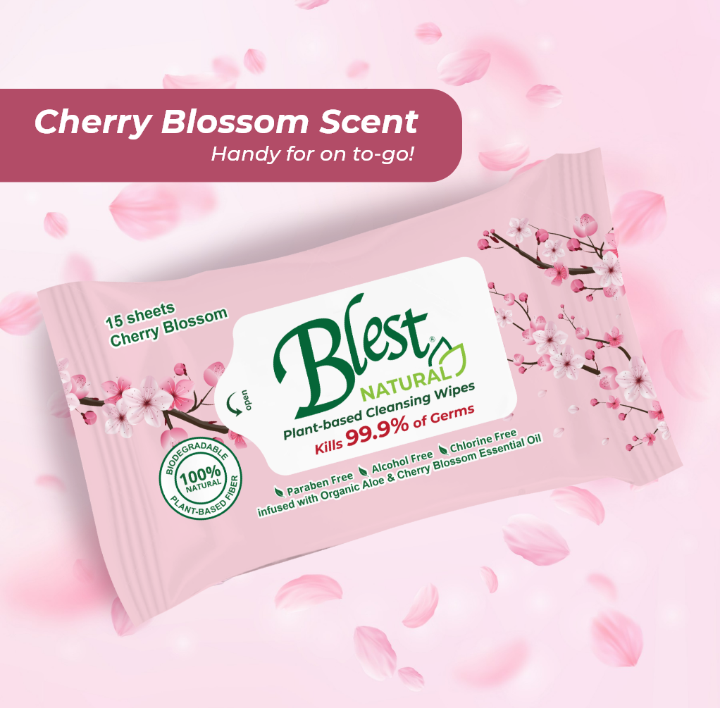 Blest Natural Plant-based Cleansing Wipes Cherry Blossom Scent 15 Sheets 4 Packs