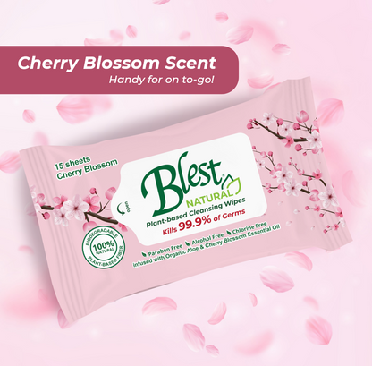 Blest Natural Plant-based Cleansing Wipes Cherry Blossom Scent 15 Sheets 4 Packs