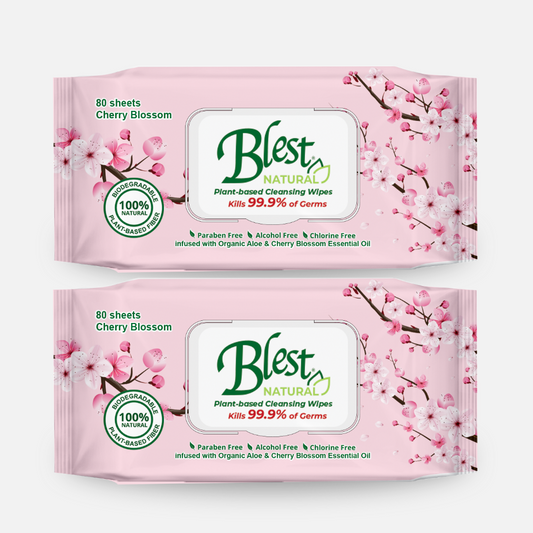 Blest Natural Plant-based Cleansing Wipes Cherry Blossom Scent 80 Sheets 2 Packs