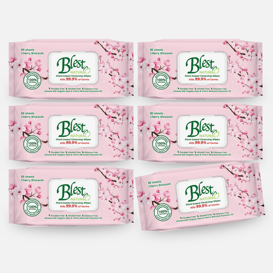 Blest Natural Plant-based Cleansing Wipes Cheery Blossom Scent 80 Sheets 6 Packs