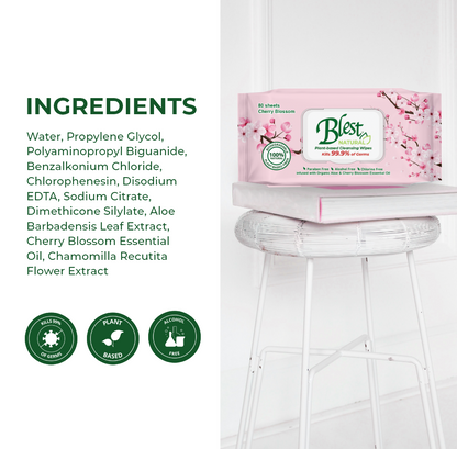 Blest Natural Plant-based Cleansing Wipes Cherry Blossom Scent 80 Sheets 2 Packs