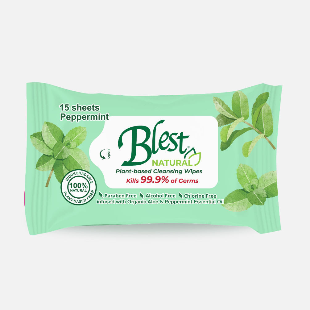 Blest Natural Plant-based Cleansing Wipes Peppermint Scent 15 Sheets
