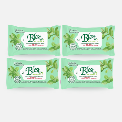 Blest Natural Plant-based Cleansing Wipes Peppermint Scent 15 Sheets 4 Packs