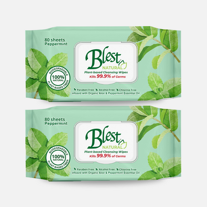 Blest Natural Plant-based Cleansing Wipes Peppermint Scent 80 Sheets 2 Packs