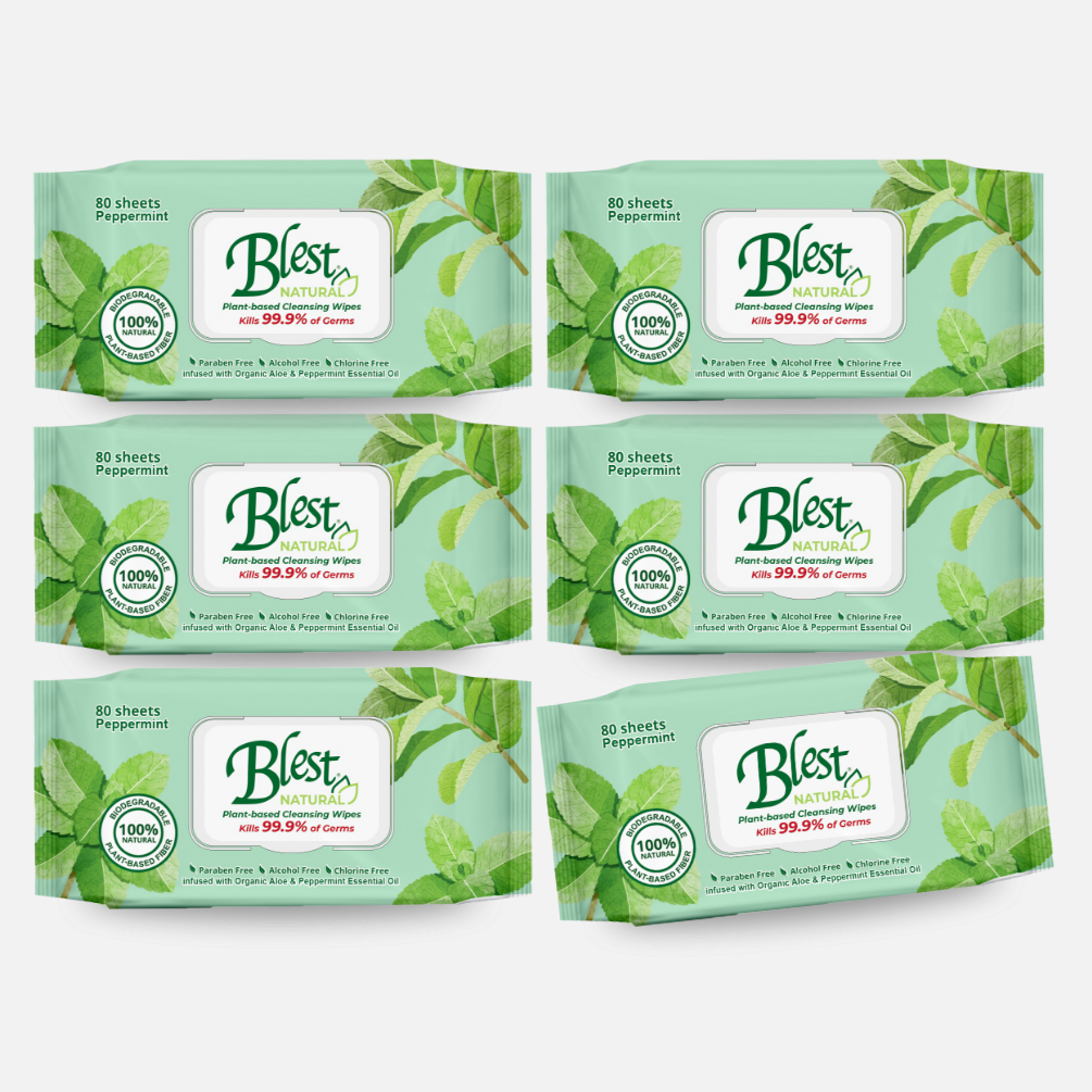 Blest Natural Plant-based Cleansing Wipes Peppermint Scent 80 Sheets 6 Packs