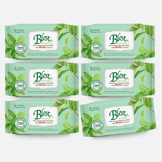 Blest Natural Plant-based Cleansing Wipes Peppermint Scent 80 Sheets 6 Packs