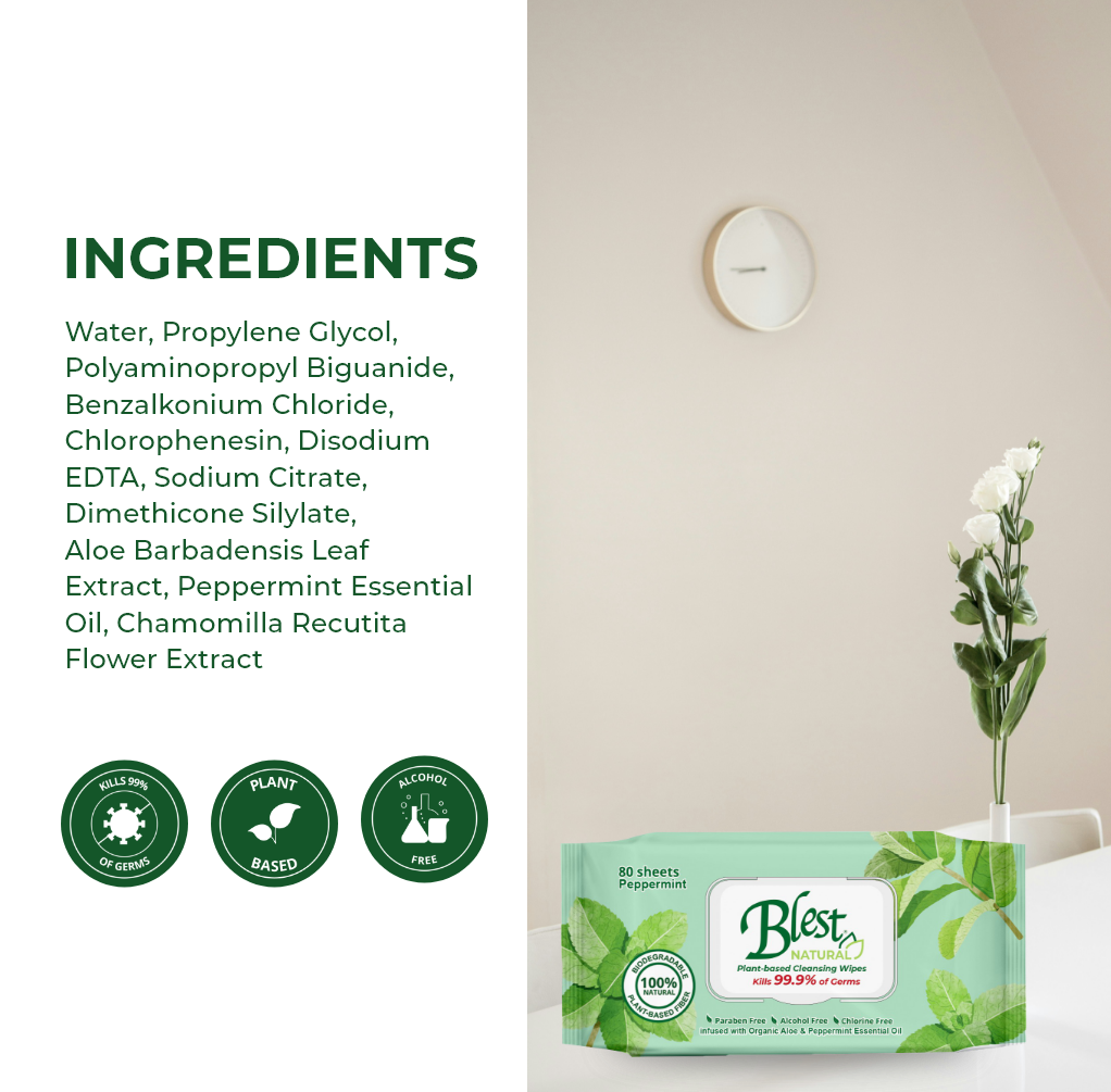 Blest Natural Plant-based Cleansing Wipes Peppermint Scent 80 Sheets 6 Packs