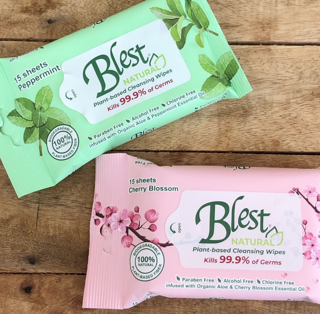 Blest Natural Plant-based Cleansing Wipes Cherry Blossom Scent 15 Sheets 4 Packs