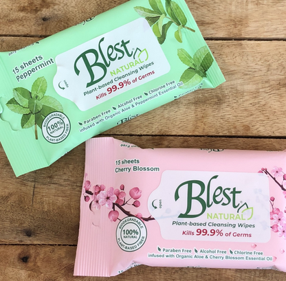 Blest Natural Plant-based Cleansing Wipes Cherry Blossom Scent 15 Sheets 4 Packs