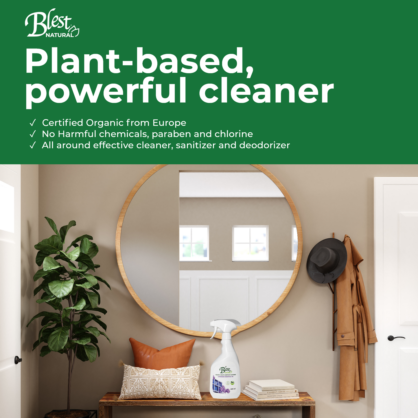 Blest Natural Glass & Multi-Surface Cleaner - Organic Lavender Oil 500ml 3 Bottles