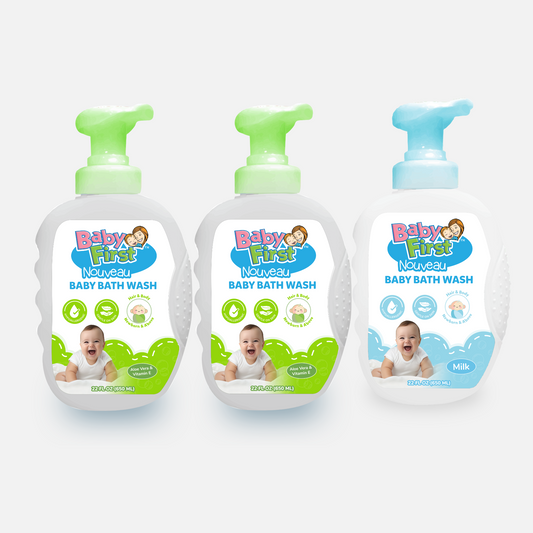 Baby First Nouveau Baby Bath Wash 650ml Aloe Vera and Vitamin E Scent 2 Bottles + Milk Scent