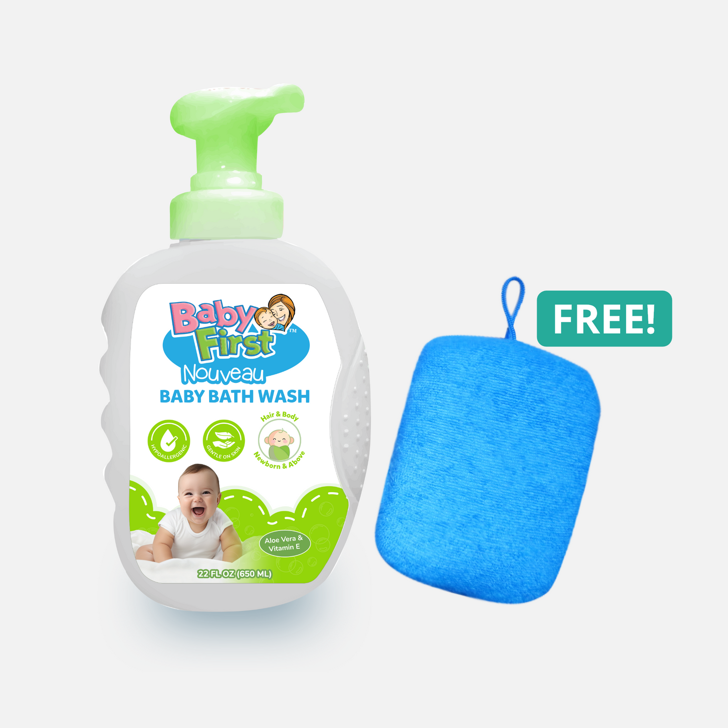 Baby First Nouveau Baby Bath Wash 650ml Aloe Vera & Vitamin E+ FREE Sponge