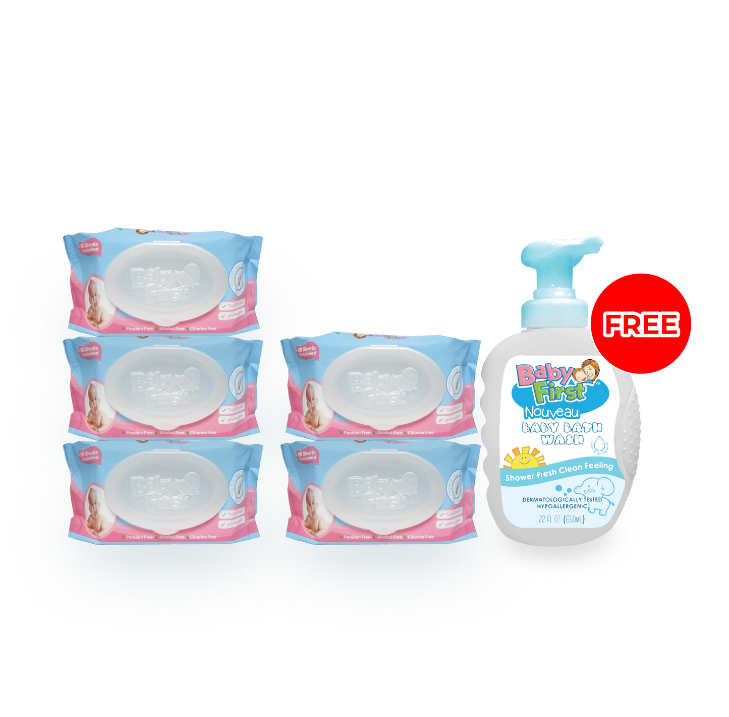 Baby First Baby Wipes 90 Sheets 5 Packs + Free Baby First Nouveau 650ml