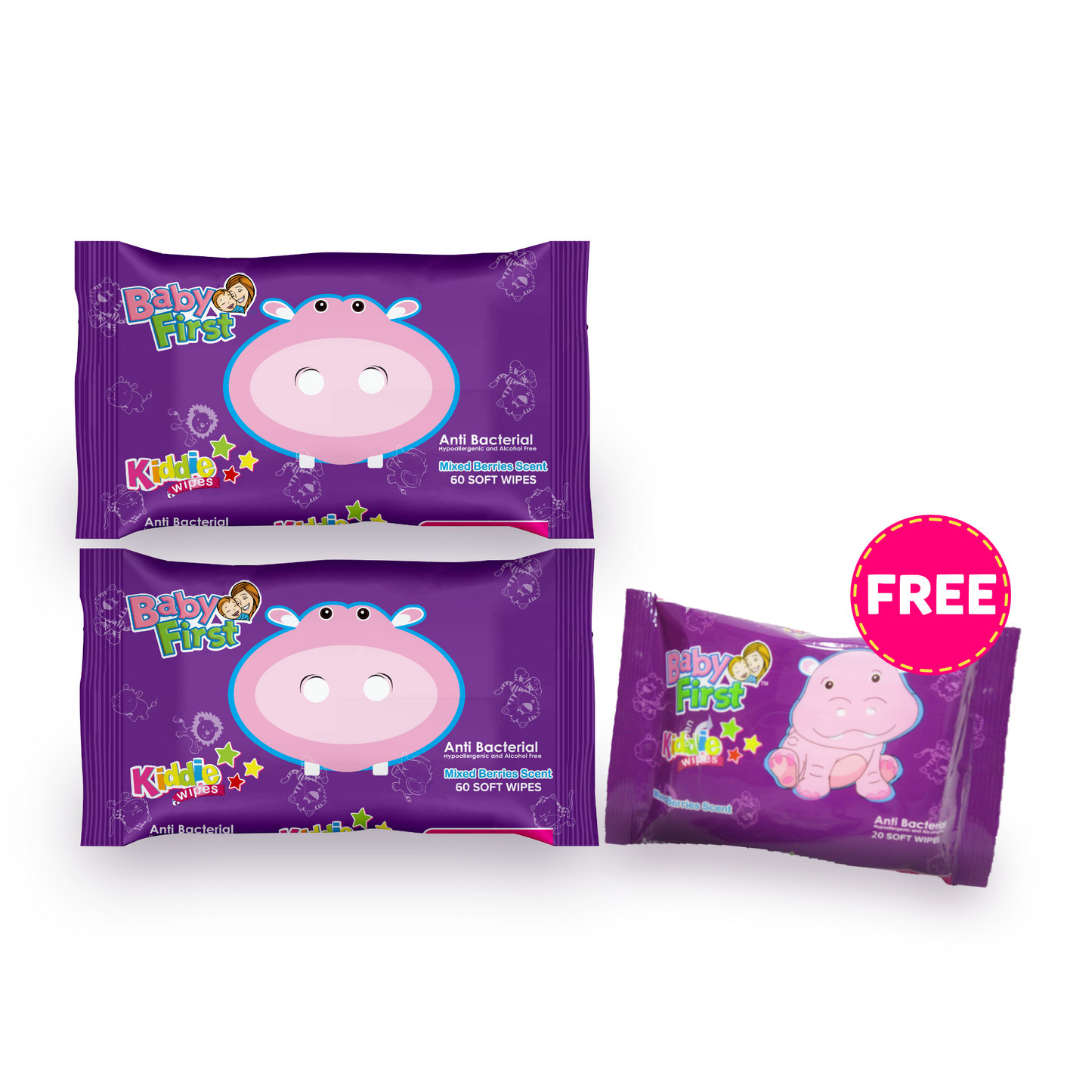 Baby First Kiddie Wipes 60 Sheets Mixed Berries Scent 2 Packs + 20 Sheets (140 Sheets)