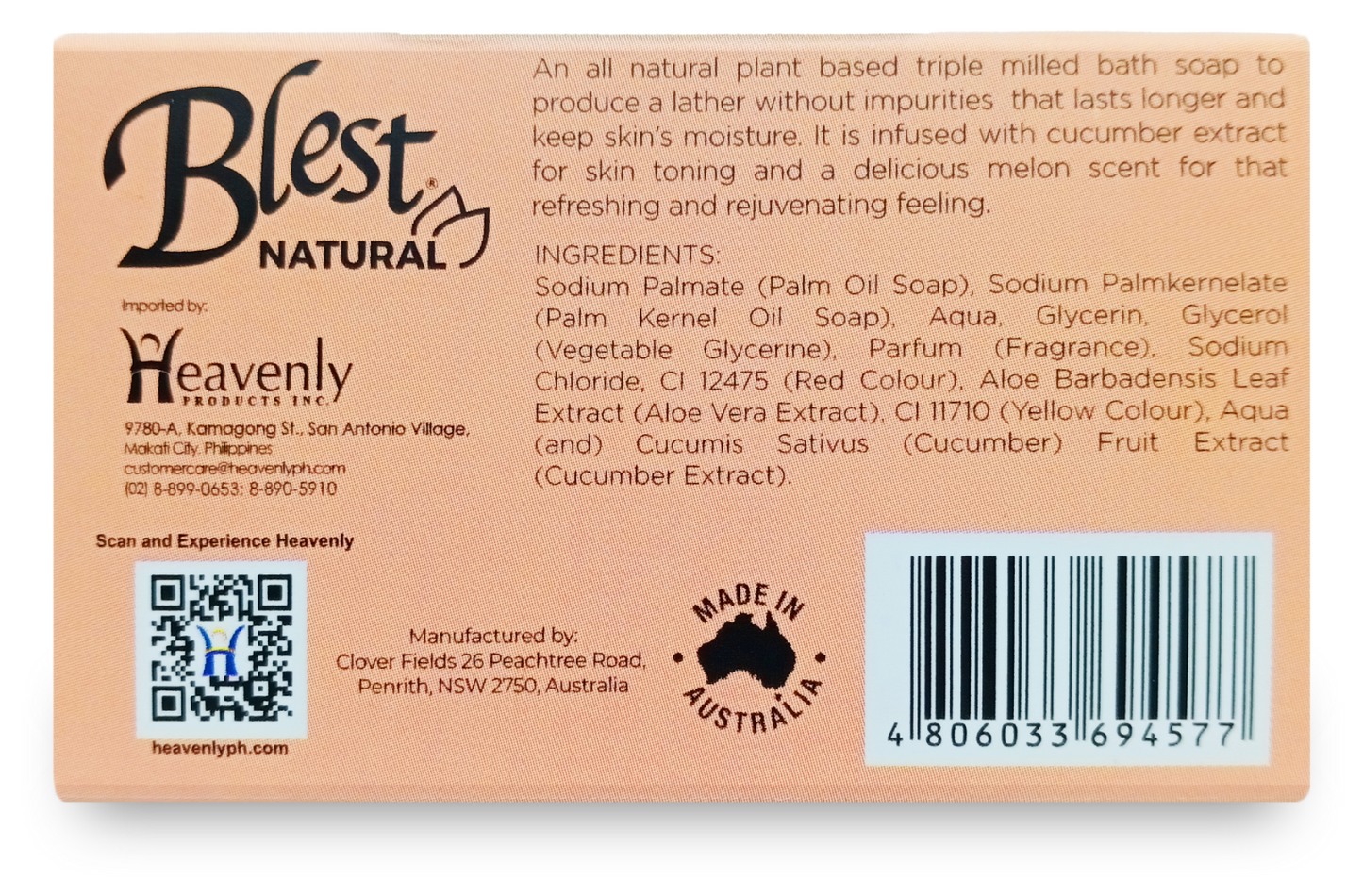 [Buy1 Take1] Blest Natural Plant-based Soaps Cucumber & Melon 100g