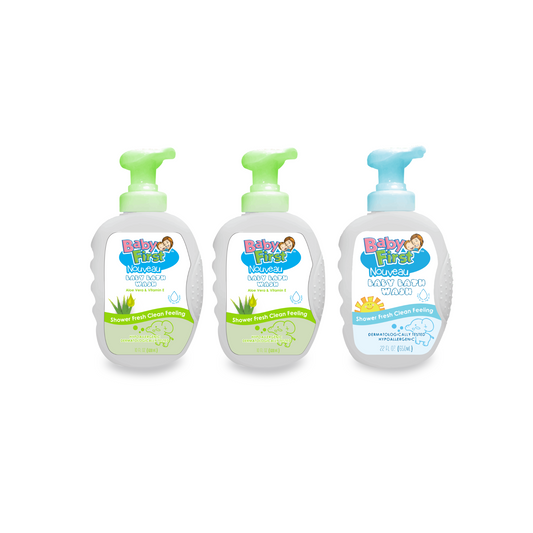 Baby First Nouveau Baby Bath Wash 650ml Aloe Vera and Vitamin E Scent 2 Bottles + Milk Scent