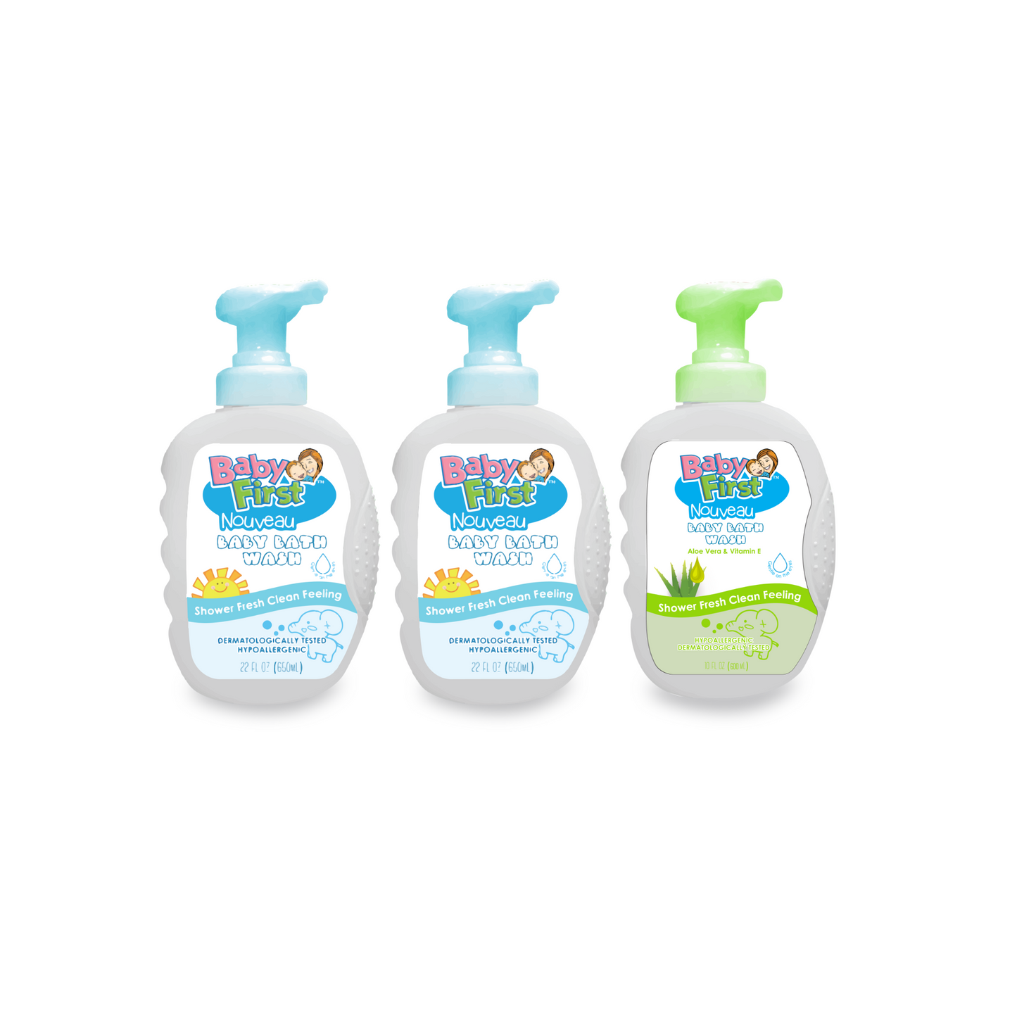 Baby First Nouveau Baby Bath Wash 650ml Milk Scent 2 Bottles +  Aloe Vera and Vitamin E Scent