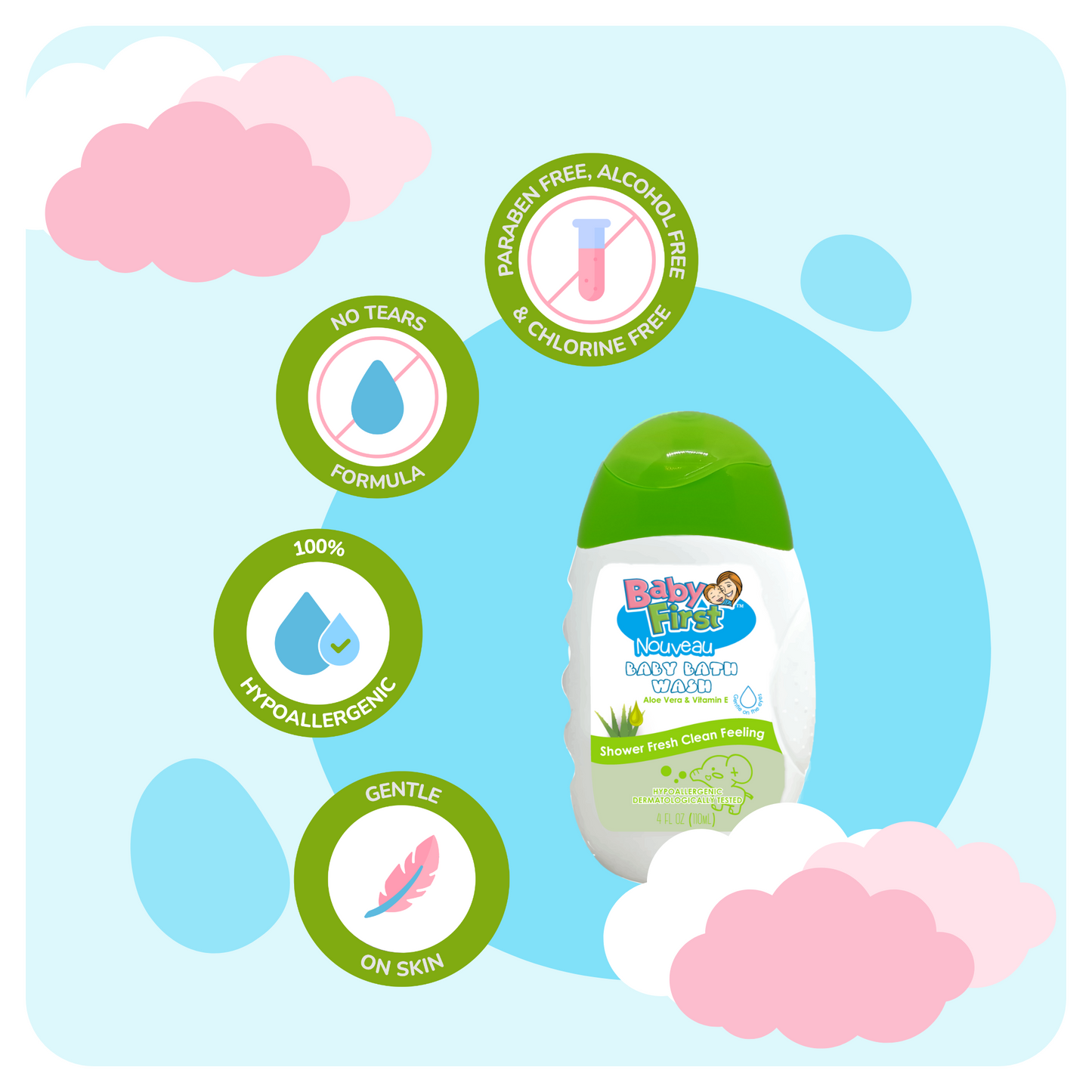 Baby First Nouveau Baby Bath Wash 110ml Aloe Vera and Vitamin E Scent 2 Bottles + Milk Scent